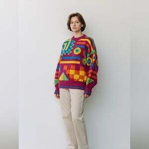 Vintage 80s IB Diffusion Knit Sweater Crewneck Abstract Bright Checkered Large